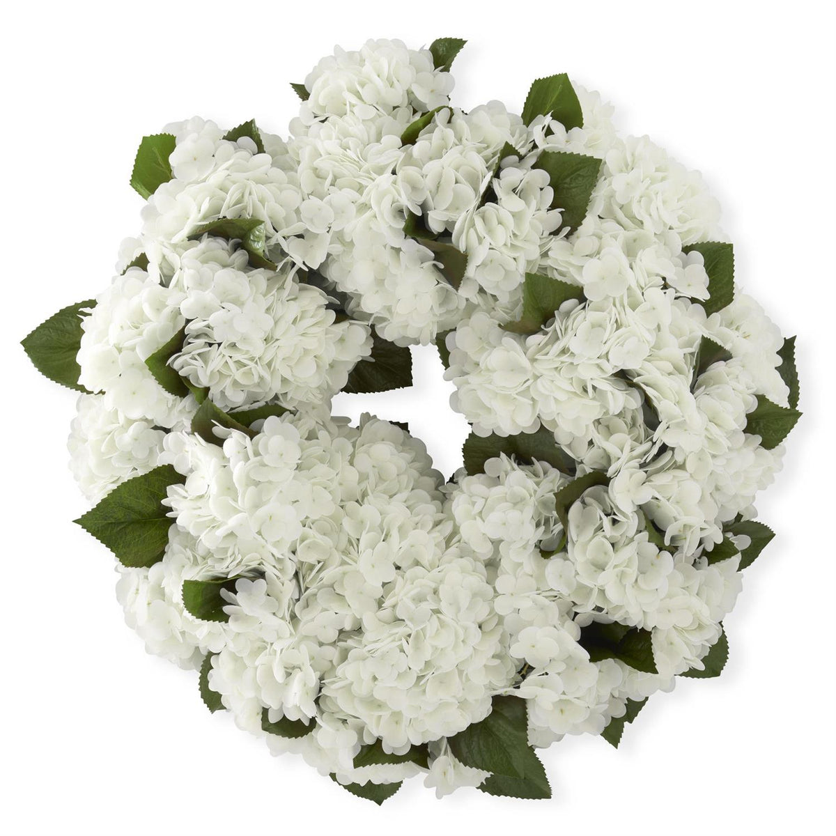 30-inch round plastic hydrangea wreath with wire frame in natural green and white tones.