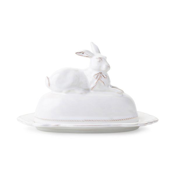 Clever Creatures Bunny ceramic butter dish in soft pastel blue with white bunny silhouette handle.