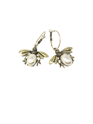 Gold-tone hoop earrings featuring a honeybee charm with a large white pearl body.