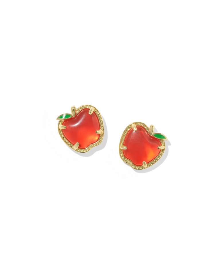 Apple-shaped stud earrings in 14k yellow gold over brass with red stones and green leaf accents.