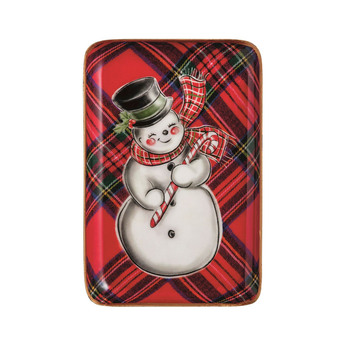 Rectangular red tartan tidbit tray featuring a smiling snowman with a top hat and candy cane.