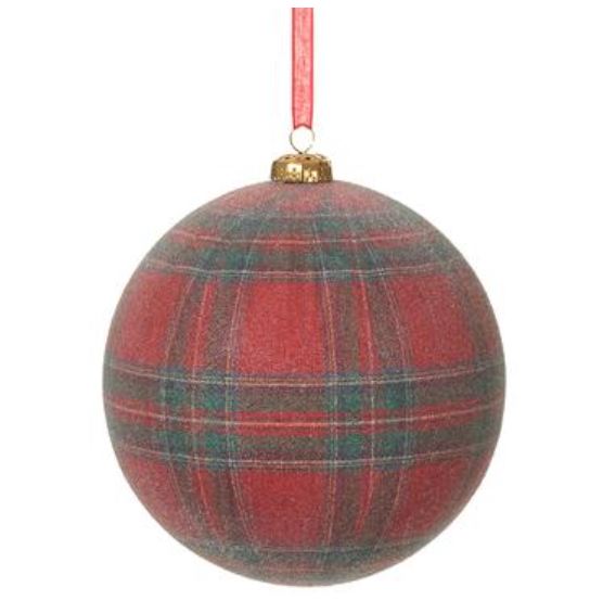 Red and green plaid glittered plastic ball ornament with a metal cap
