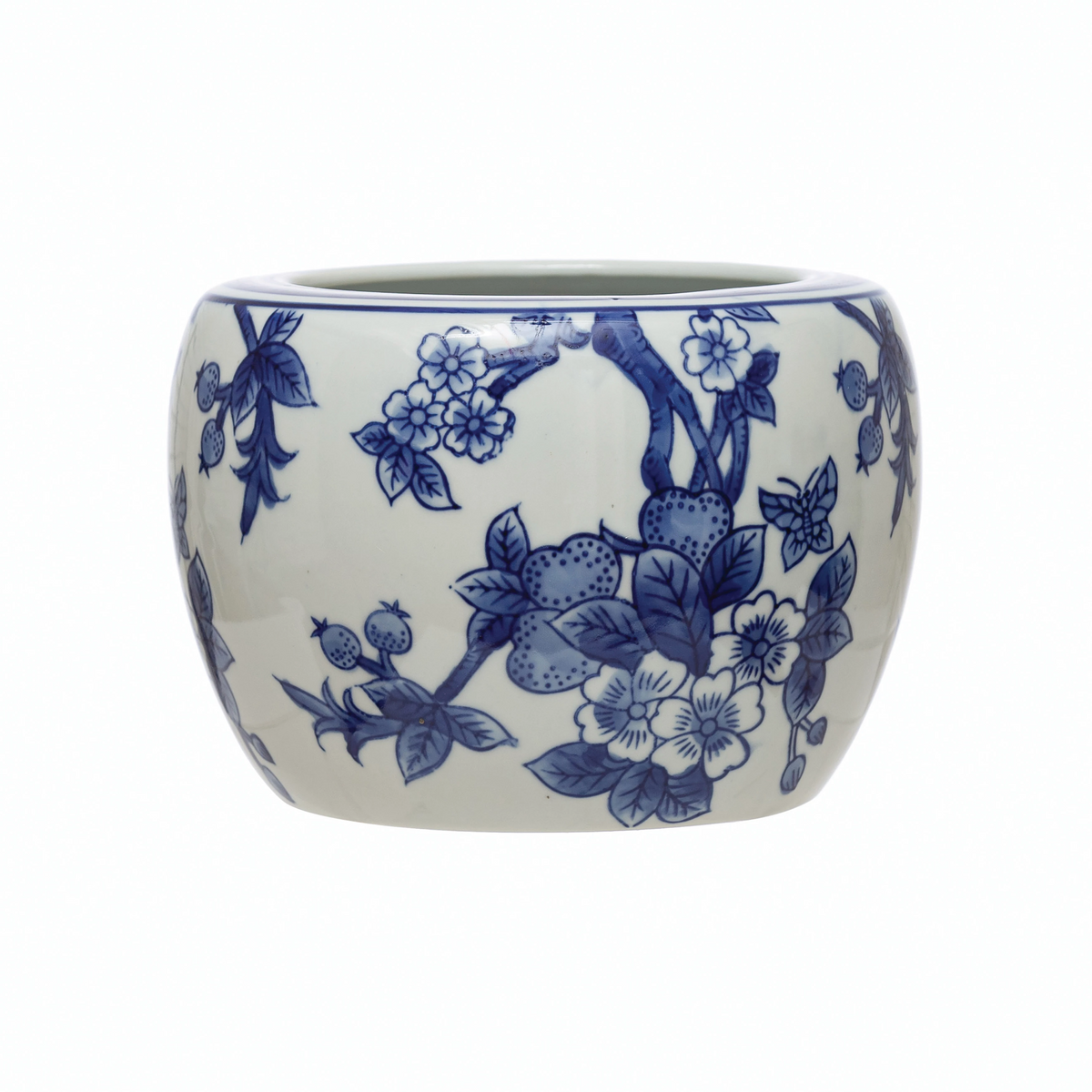 Stoneware planter with floral pattern in neutral tone