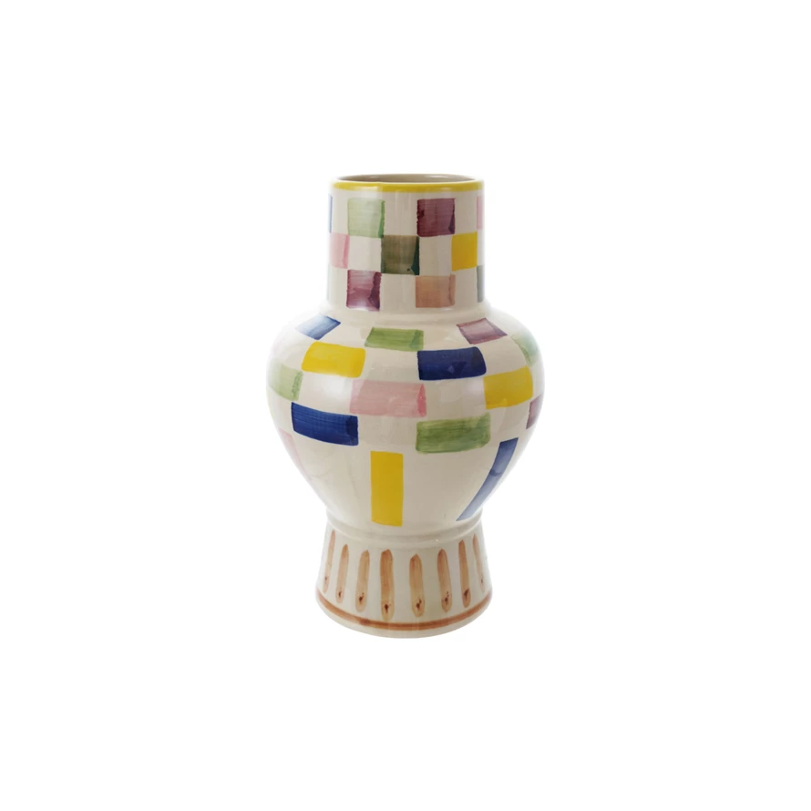 Hand-Painted Stoneware Vase With Check Pattern