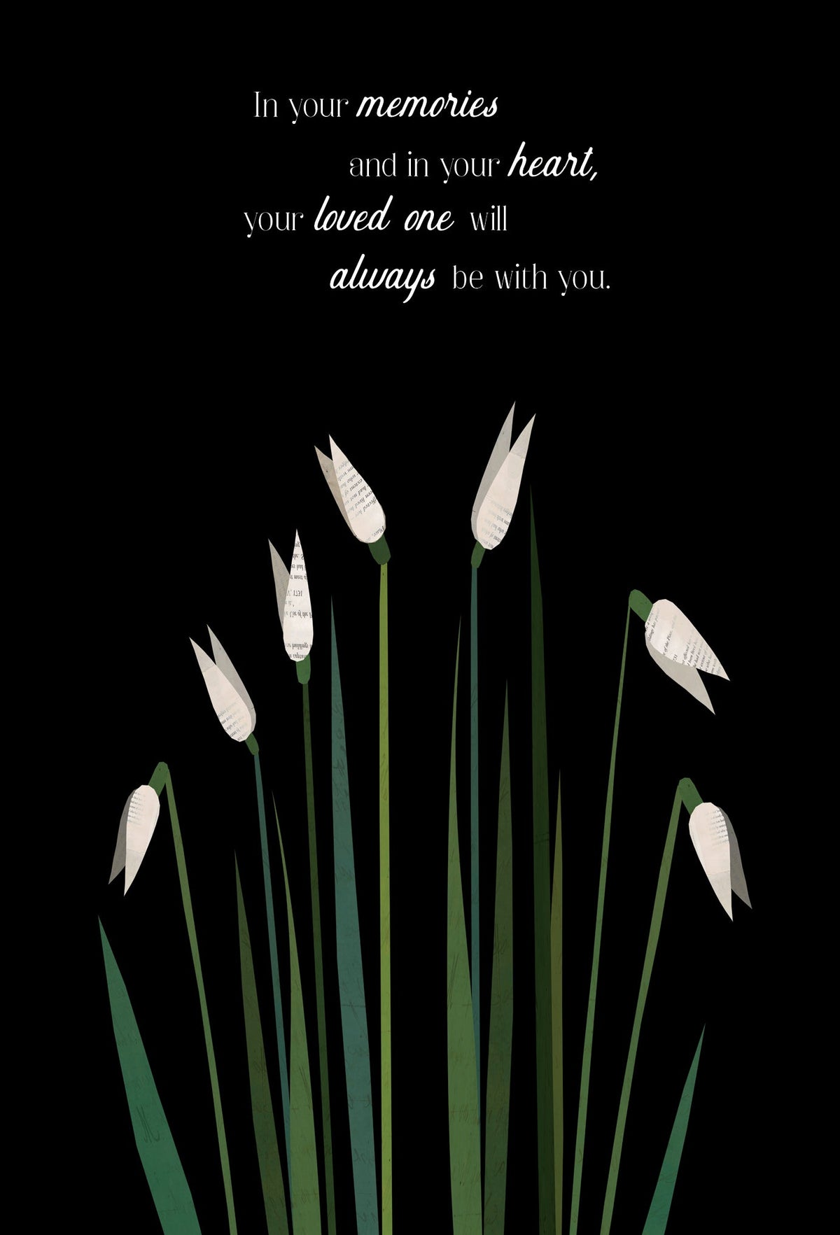 A sympathy card with a black background, featuring white flowers made of paper with text and a quote about memories.