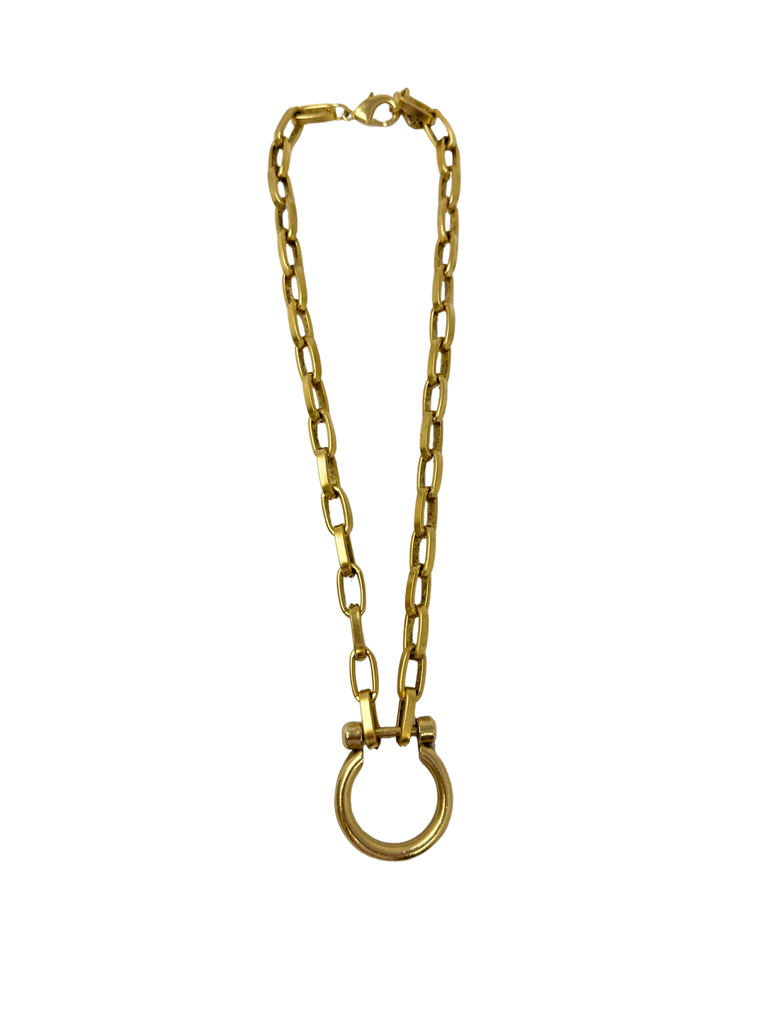 Lyla 17 inch gold chain necklace featuring a large circular toggle pendant and lobster clasp.