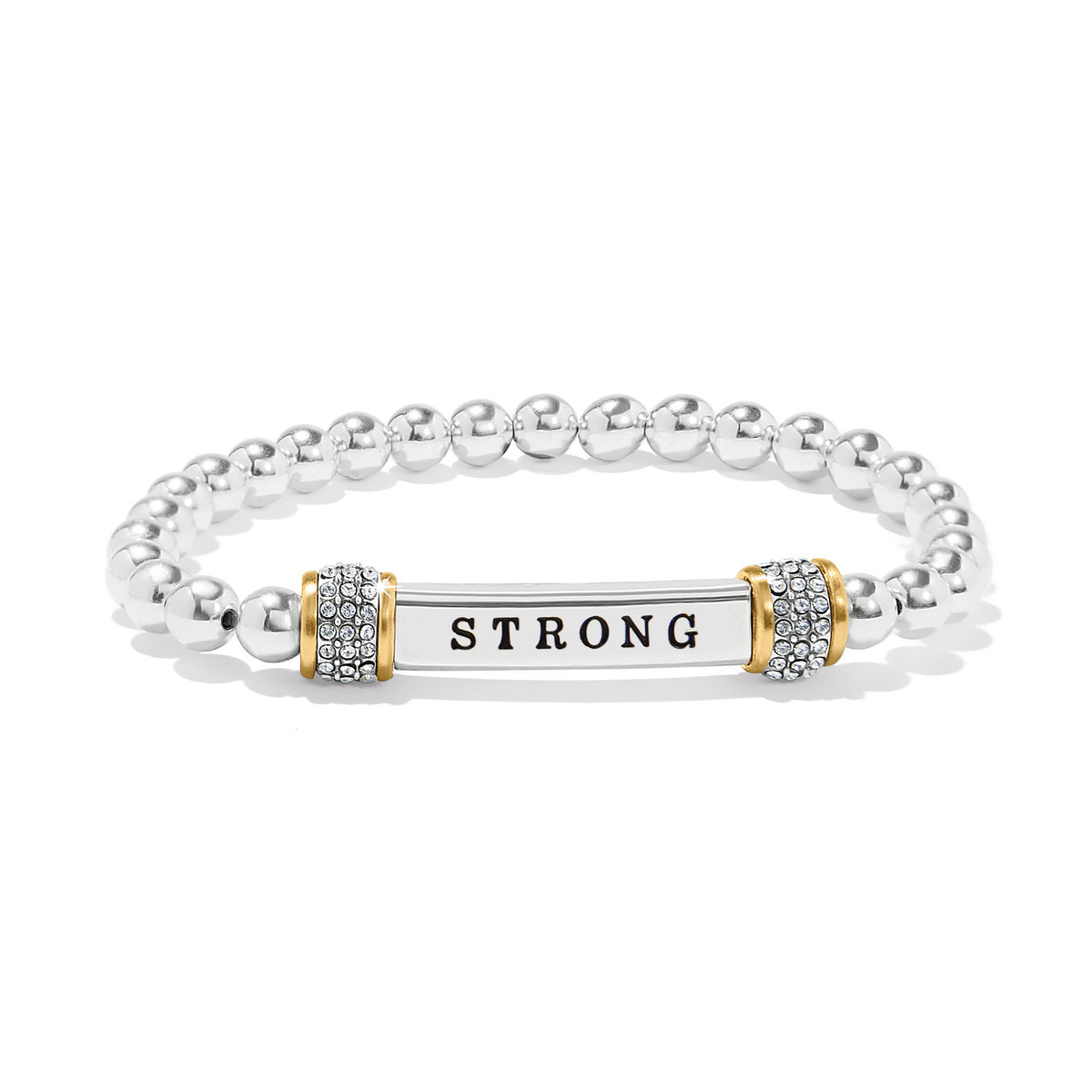 Stretch bracelet with silver-gold two-tone finish featuring fine quality crystals on a 3/8-inch wide band.