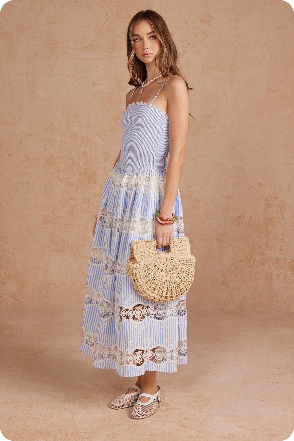 Annie Embroidery Stripe Sleeveless Long Dress in light blue and white with crochet lace inserts.