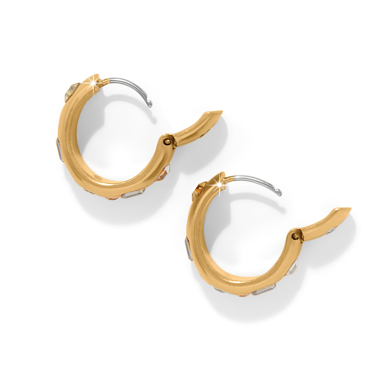 Gold-plated hoop earrings featuring multi-colored fine quality crystals with a lever back closure.