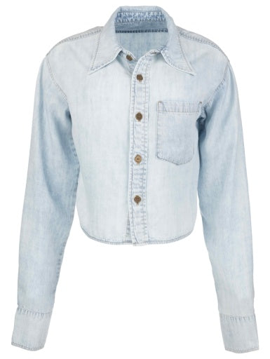 Alyssa long sleeve button front shirt in light blue lyocell with chest pocket