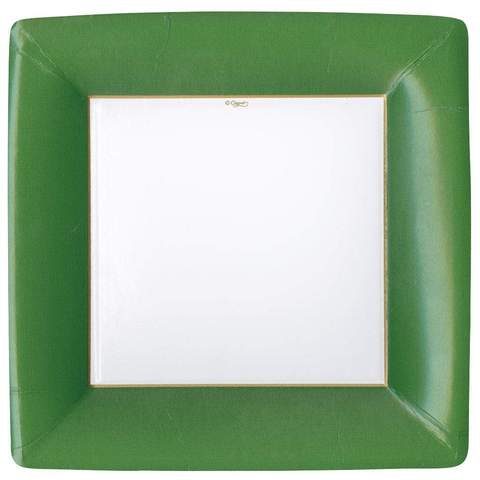 Square hunter green paper dinner plate with a white center and gold trim.