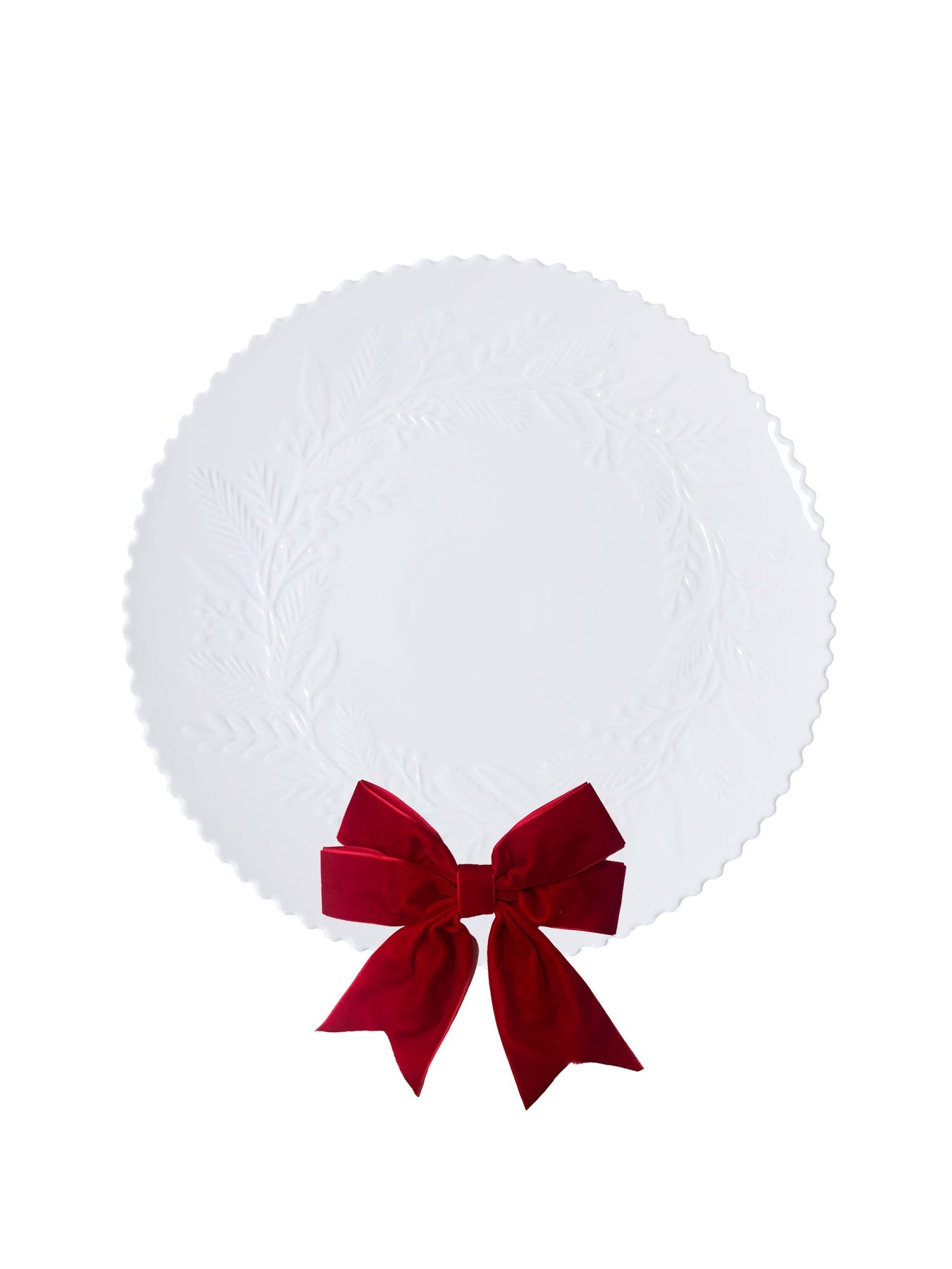 14-inch white ceramic platter with embossed wreath, beaded edge, and a removable red velvet bow.