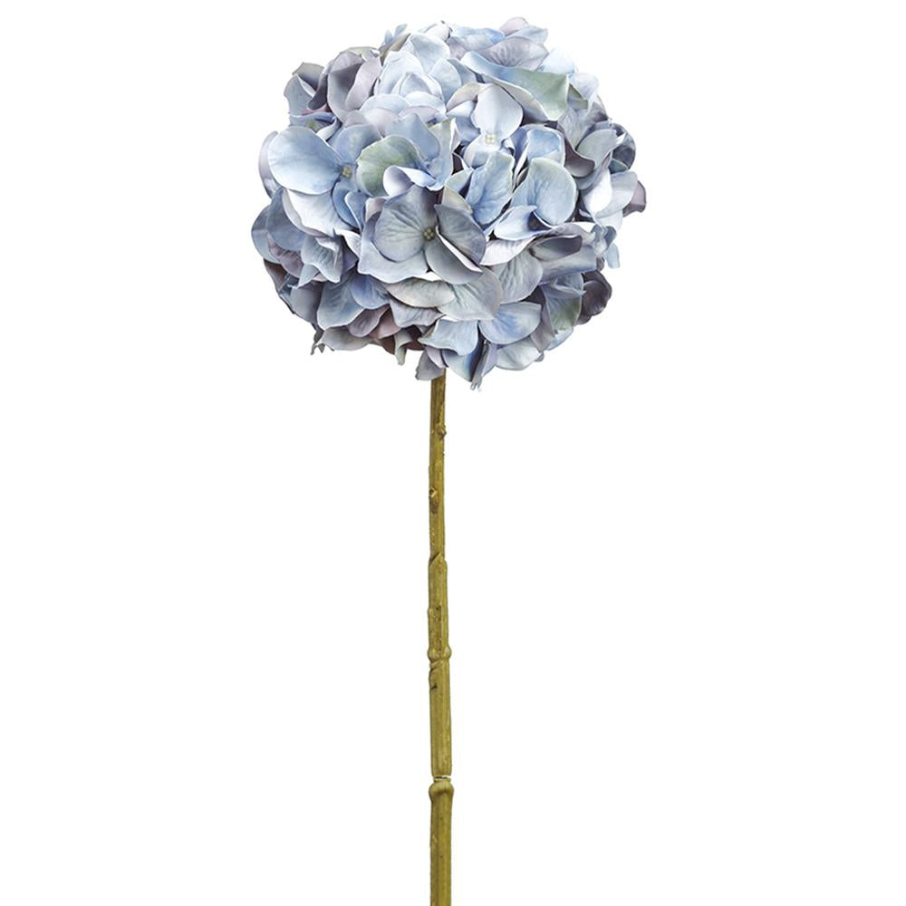 Artificial hydrangea spray with blue fabric petals on a plastic and wire stem structure.