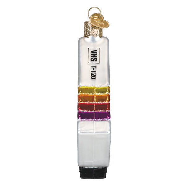 Silver glass VHS tape Christmas ornament with colorful stripes and a gold heart charm.