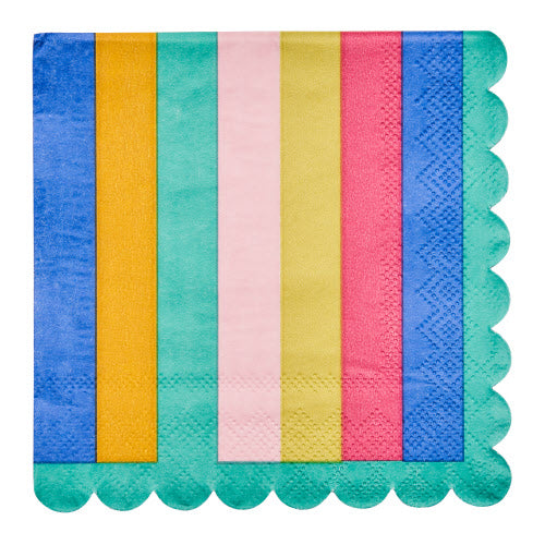 Square cocktail napkin with colorful vertical stripes and a scalloped teal edge.