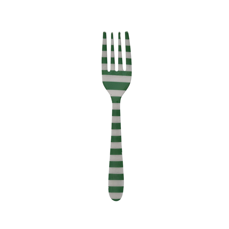 Enameled stainless steel fork with a green and white horizontal striped pattern.
