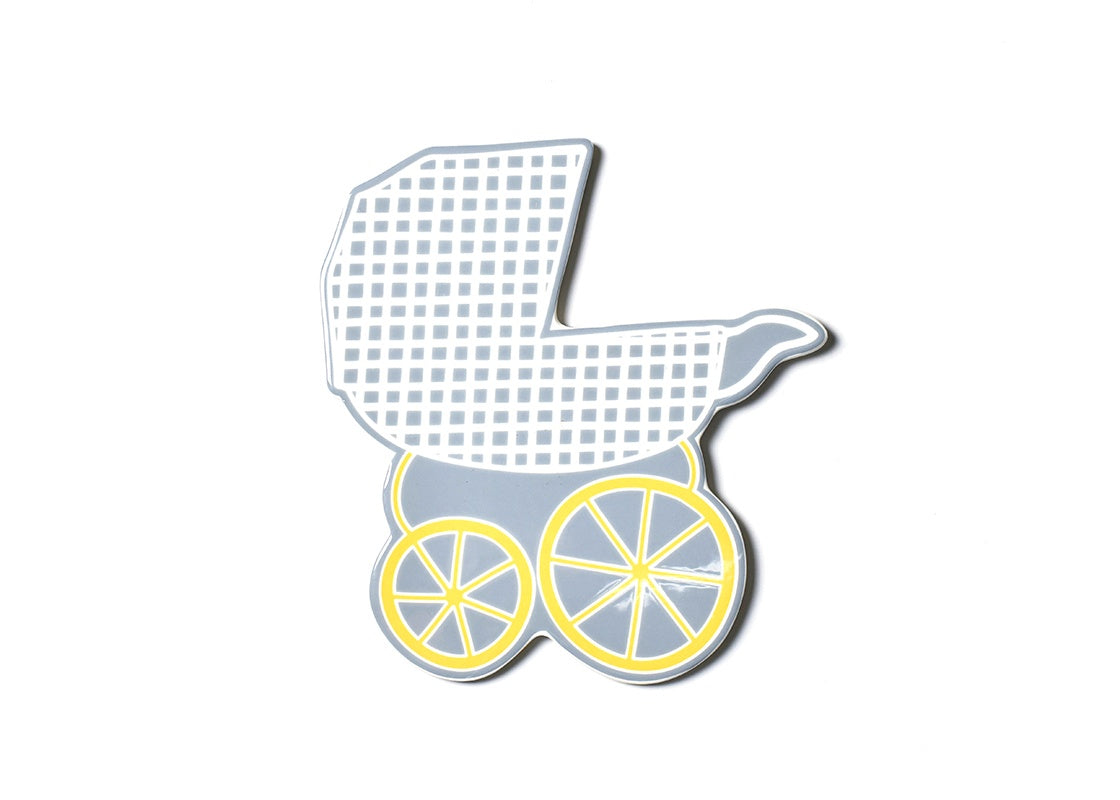 Grey and white checkered baby carriage attachment with yellow-rimmed wheels.