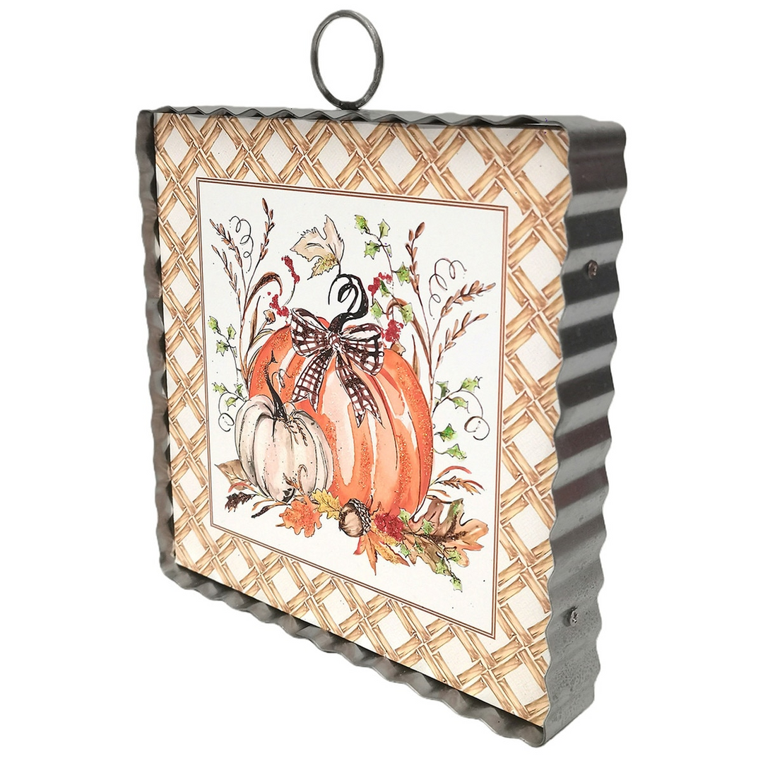 Mini Art Festive Pumpkin wall decor with a corrugated metal frame and lattice background.
