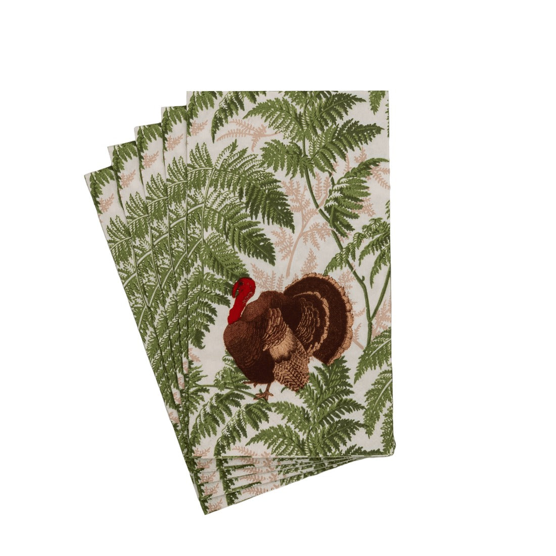 A stack of white guest towels featuring a brown turkey illustration among green and tan ferns.