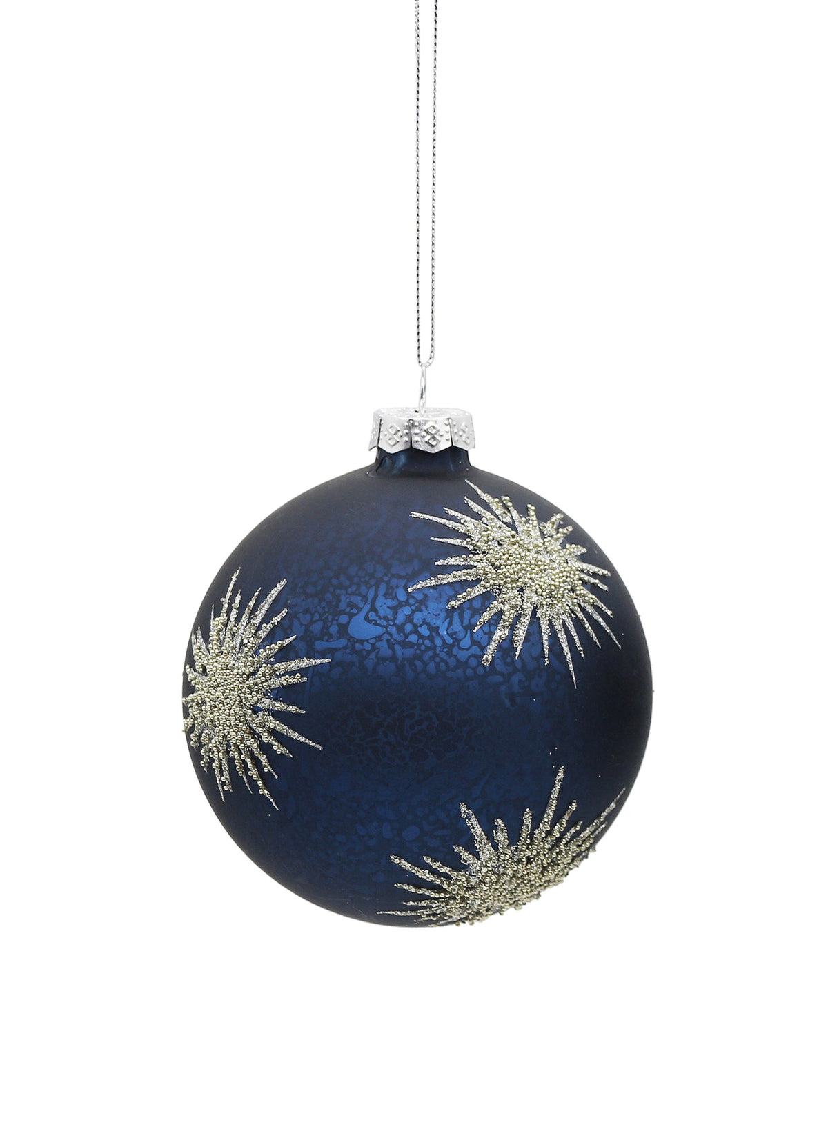 Matte blue Christmas bauble with silver glitter starburst patterns and a silver hanging string.