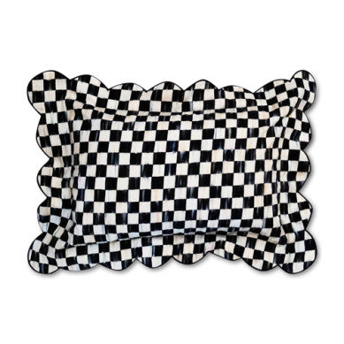 Reversible scalloped lumbar throw pillow in cotton with a natural fabric finish.