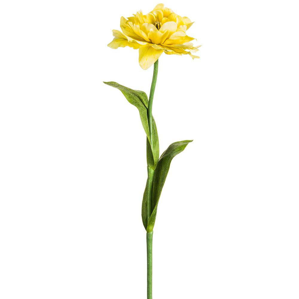 Yellow tulip spray with a curved stem silhouette made from polyester fabric on plastic wire.