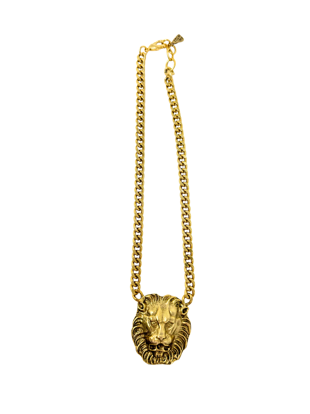 18-inch gold curb chain necklace featuring a detailed lion's head pendant.