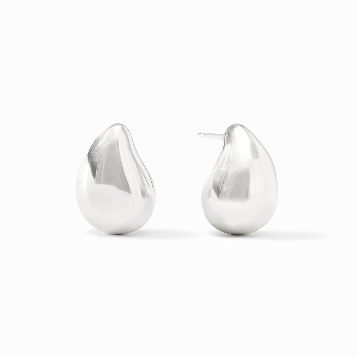 Pair of silver wave-shaped stud earrings with a polished, teardrop-like design.