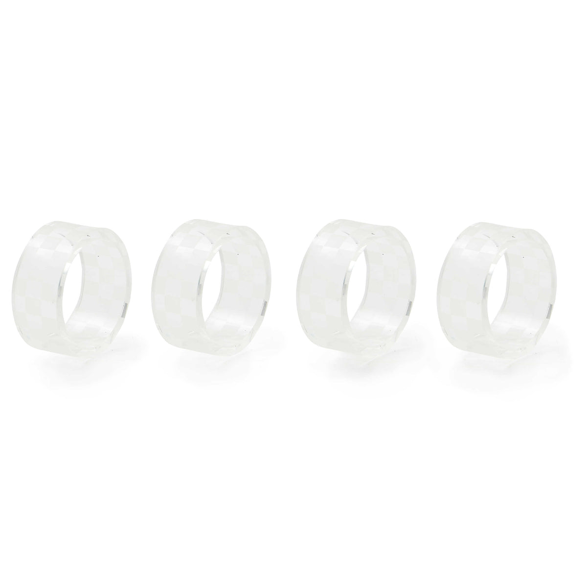 Set of four clear glass napkin rings with a subtle checkered pattern.