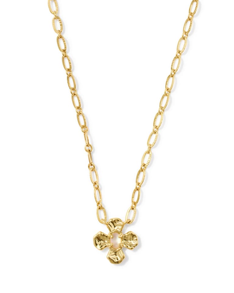 Leanne Short Pendant Gold Necklace with a textured floral pendant on a gold link chain.