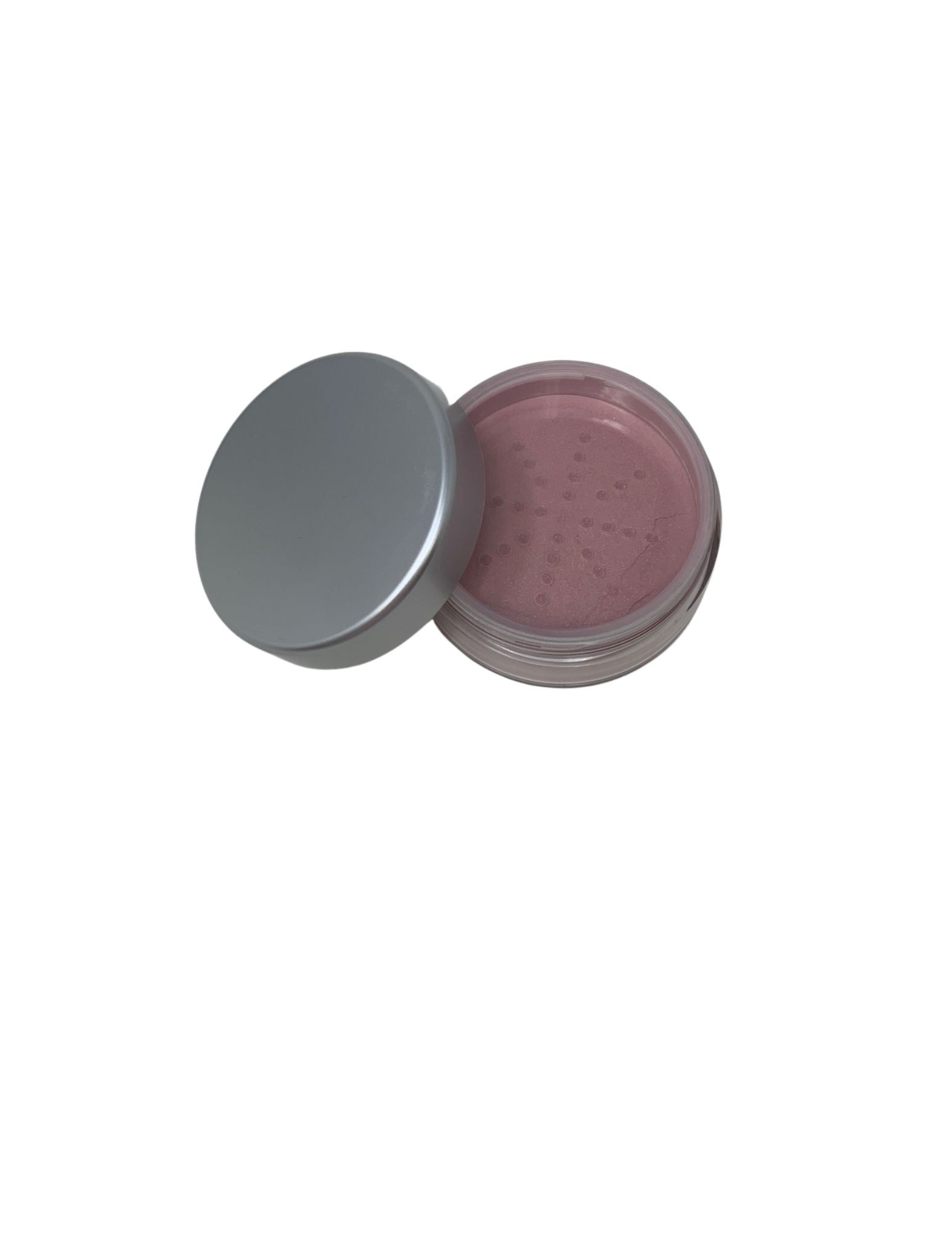 Open jar of Moonbeam Illuminating Powder with a silver lid and pink shimmering loose powder.