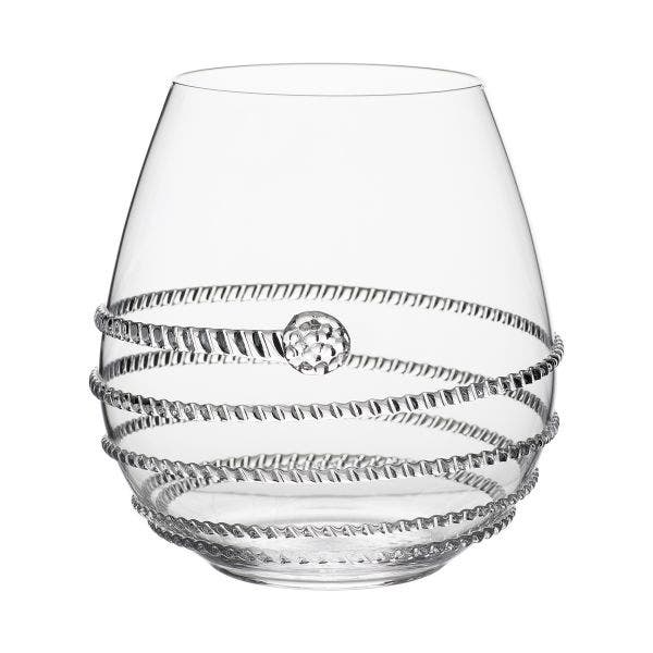 Amalia stemless red wine glass in Bohemian glass with signature swirl pattern and single berry accent.