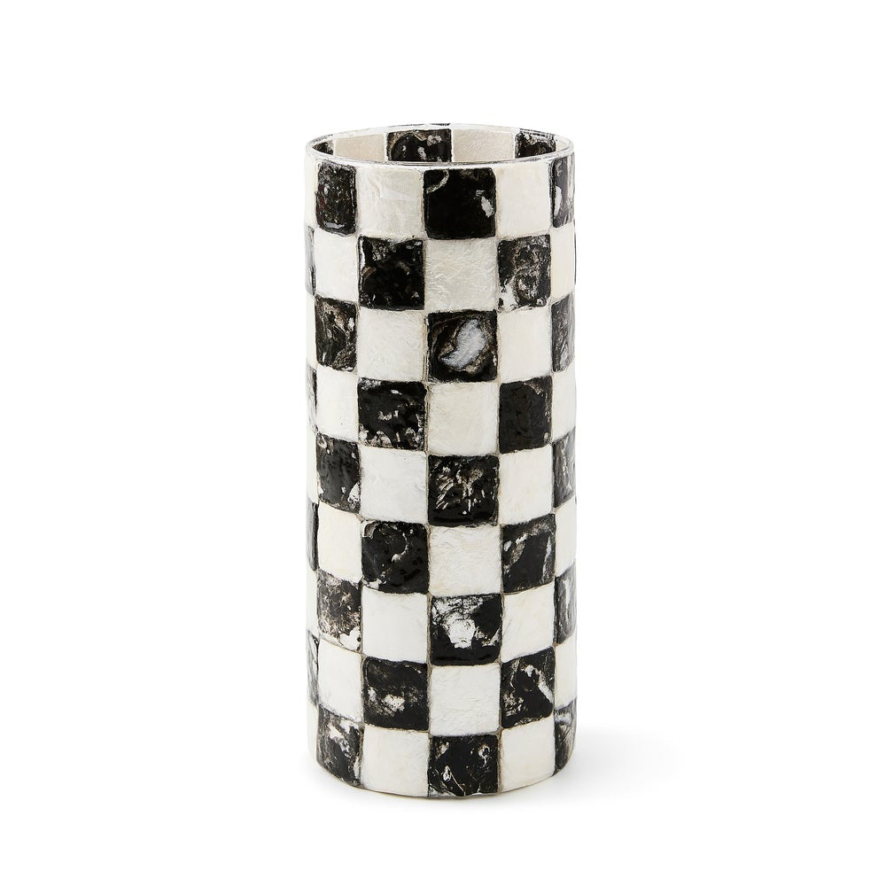 Capiz shell vase with glass base featuring a courtly check pattern in neutral tones.