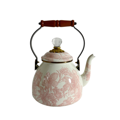 Rosy English Garden 2 Quart Tea Kettle with pink floral pattern, wooden handle, and glass knob.