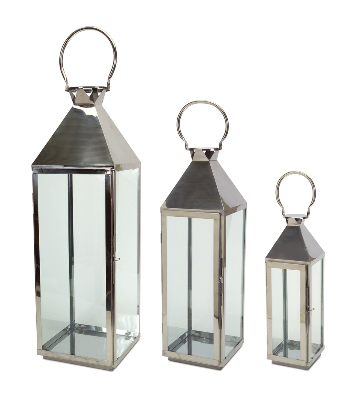 Stainless steel lantern with a cylindrical silhouette featuring vertical slats.