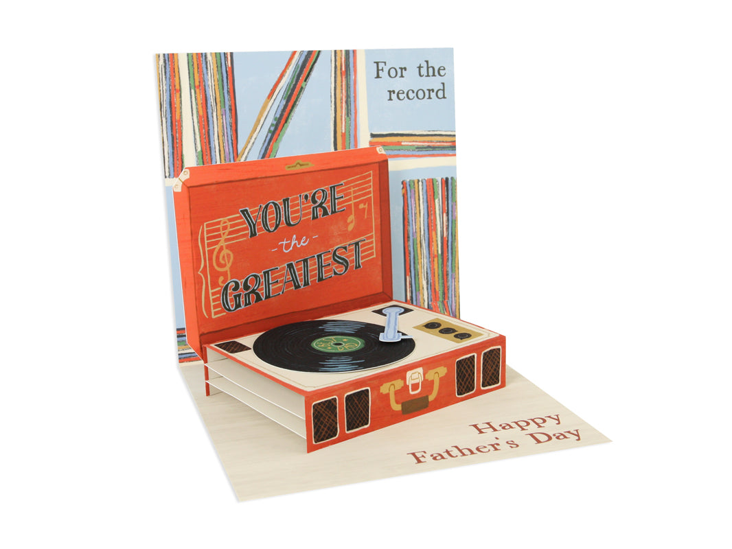 Record Player Card featuring 'For the record' text with gold foil accents on a white background.
