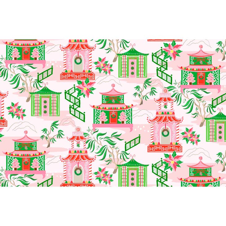 Set of Chinoiserie Wonderland poly twill Christmas paper placemats featuring festive holiday patterns.