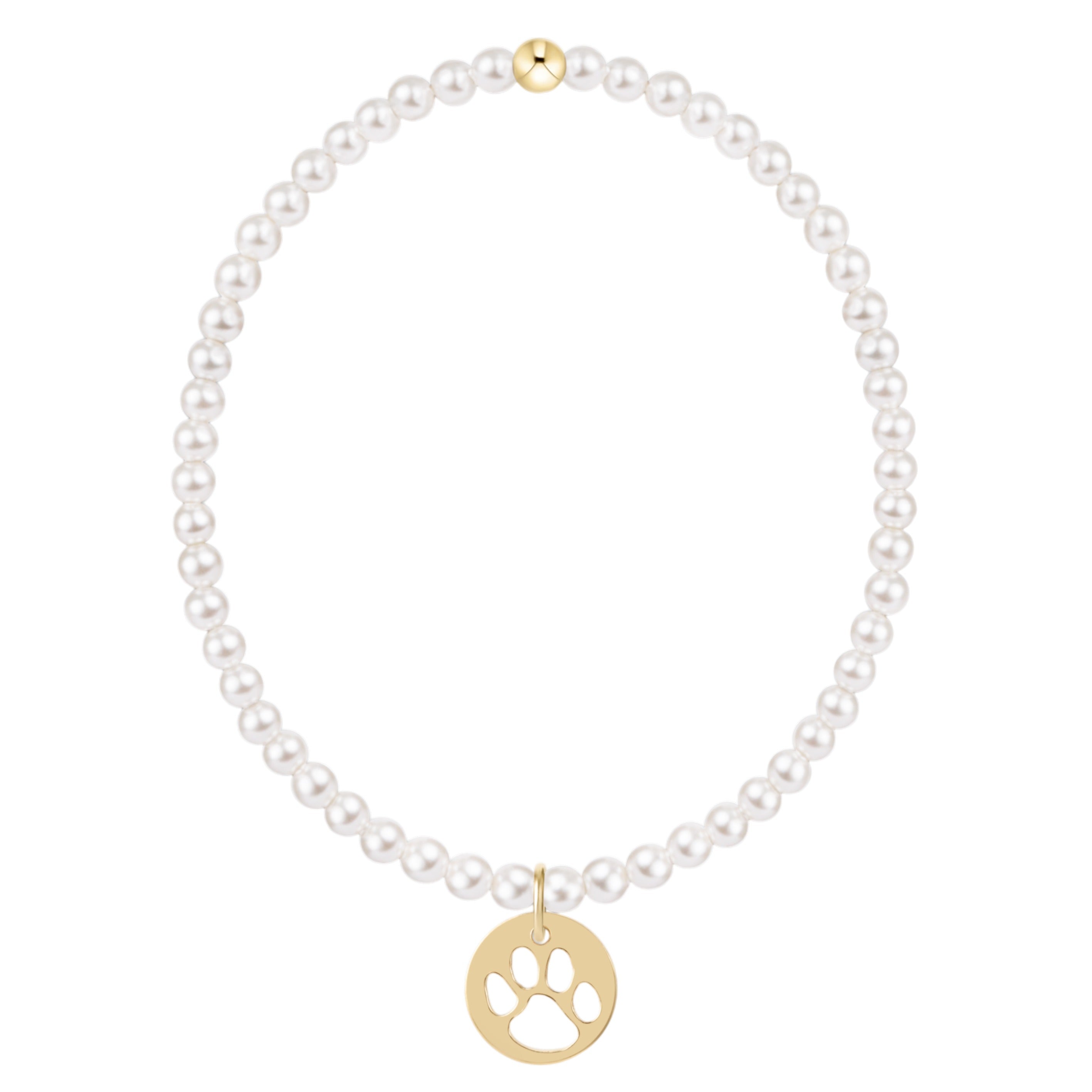 Classic 3mm pearl bracelet with a gold bead and a gold disc charm featuring a paw print cutout.