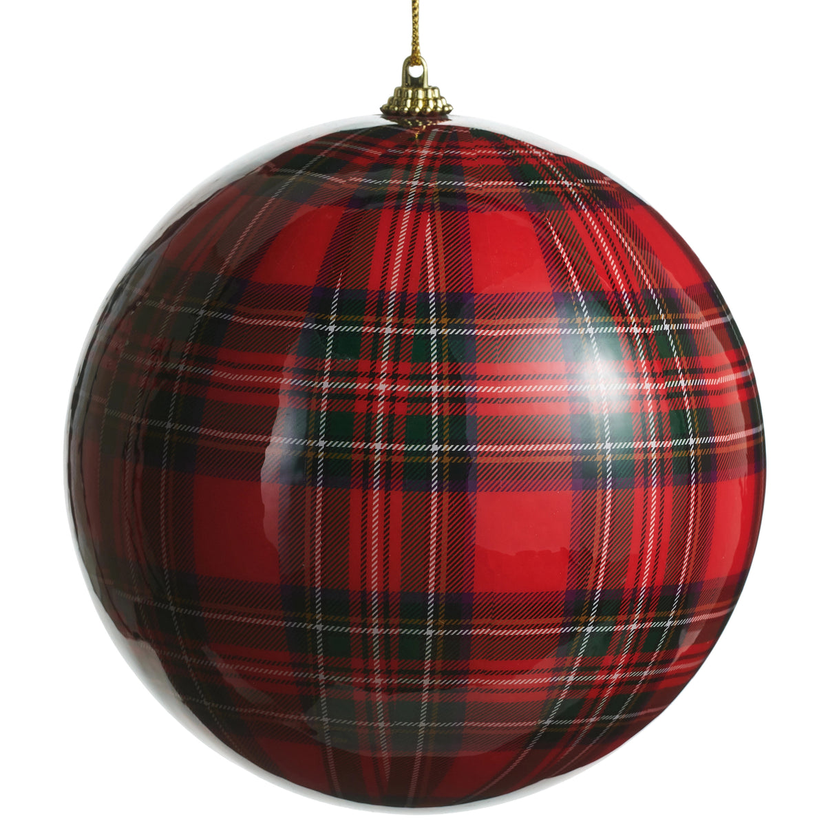 Red plaid ball ornament with a glossy finish and gold hanging cap.