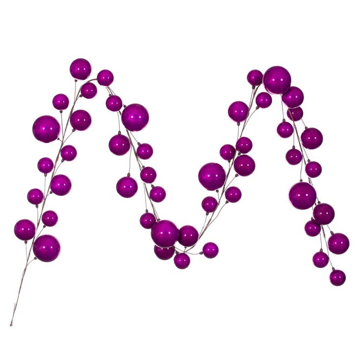 10' fuchsia pearl branch ball garland with shiny purple spheres on a thin wire stem.