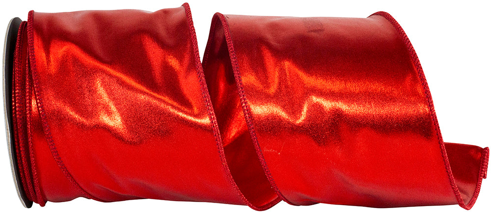 4 inch red mirror fantasy metallic deluxe two-sided wired edge ribbon on a spool.