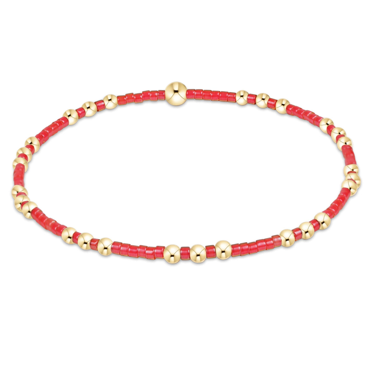 Hope Joy Bracelet featuring red seed beads and 14kt gold-filled beads on a stretch cord.