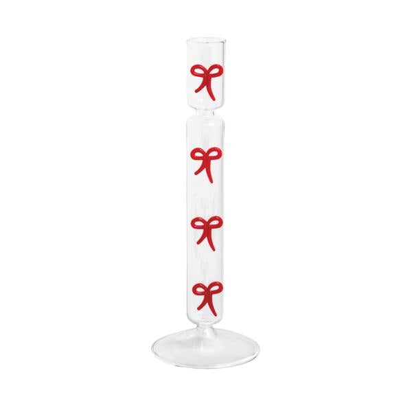 Glass taper candlestick holder with dimensional icon exterior detail