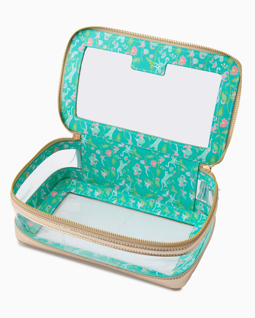 Open Gold Tile Storage Bag with clear panels and a teal floral and animal print interior.