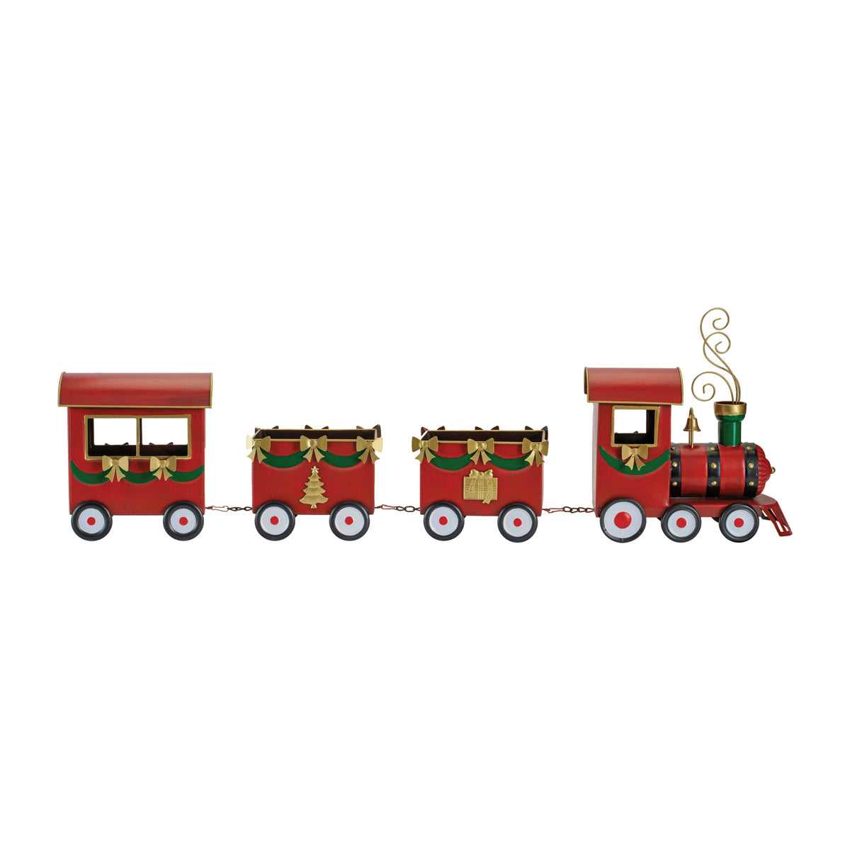 16-inch red iron Christmas train with four cars, gold bows, and green garland accents.