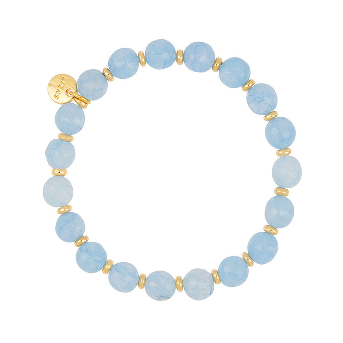 Lizas Beaumont Natural Bracelet featuring light blue round stones with gold-toned spacers and charm.