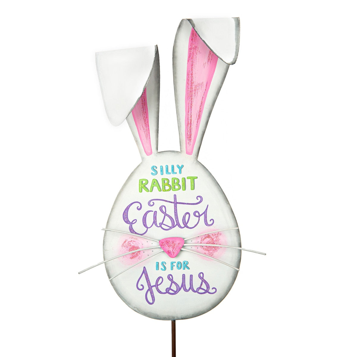 Silly Rabbit Head garden stake decoration in natural wood finish with detachable metal spike.