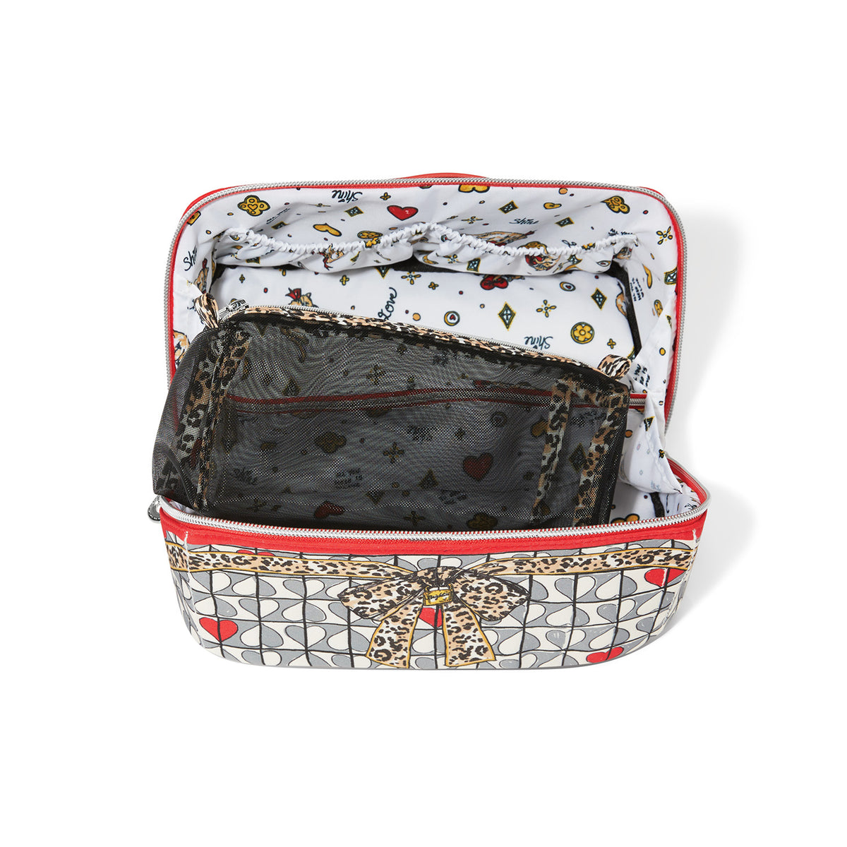 Open Wild Love Cosmetic Bag showing patterned interior and a removable black mesh pouch.