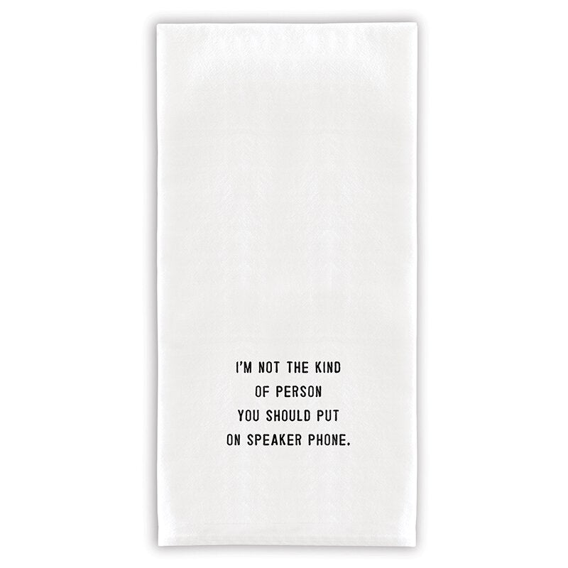 Square white cotton tea towel with a subtle face-to-face graphic print.