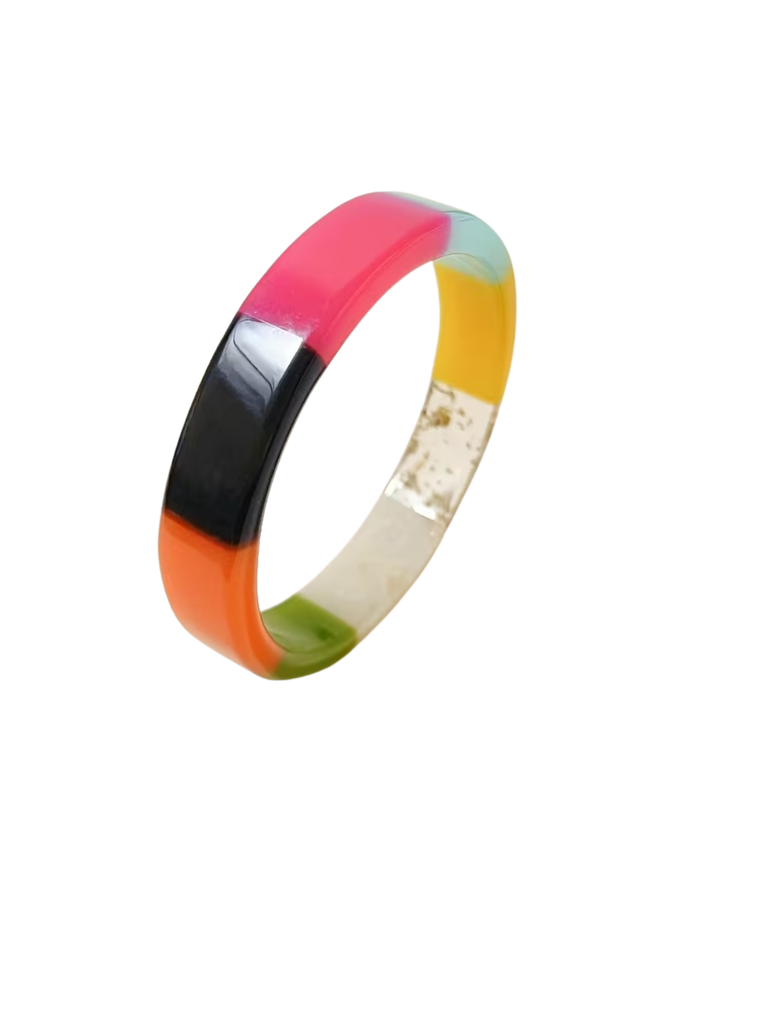 Patchwork Tempered Bracelet featuring a colorful mosaic pattern of pink, black, orange, and yellow.